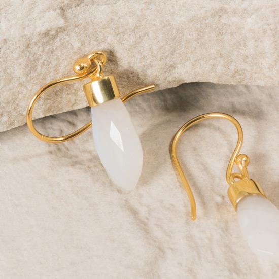 Rainbow Moonstone Earrings - Fine wire hook earring featuring a natural and uniquely cut Rainbow Moonstone stone raw pendant. Finely handcrafted brass, plated with the finest 18K gold plating.